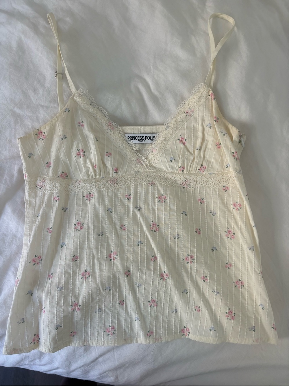 Princess Polly Cream Floral Lace-Trim Cami Top